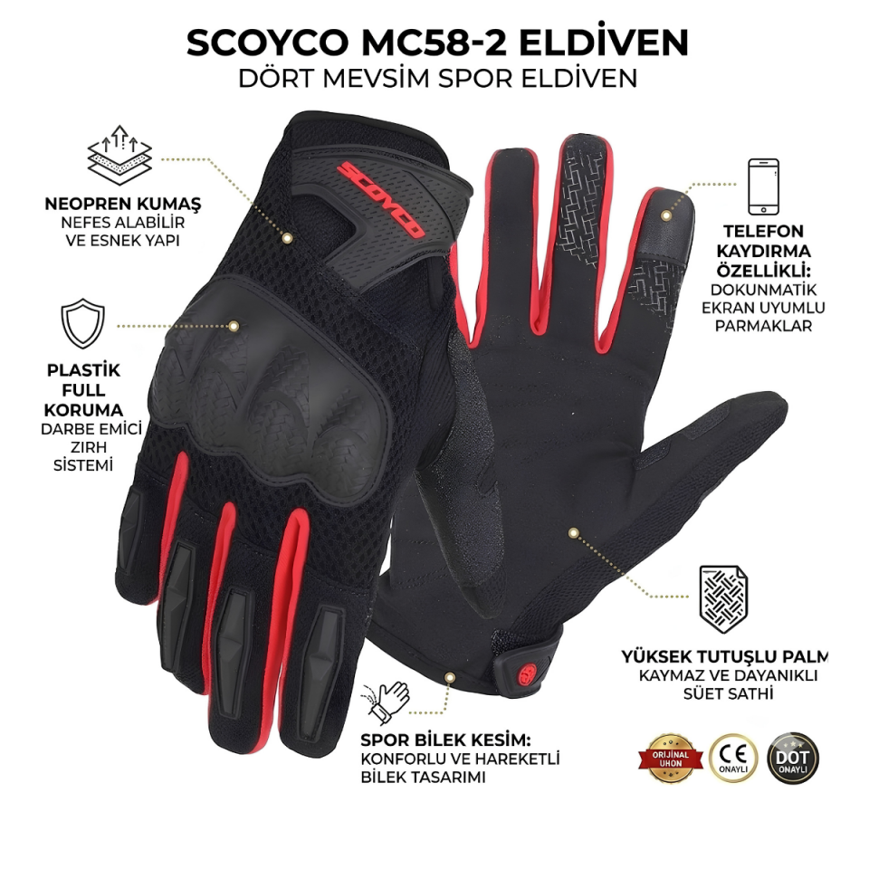 SCOYCO MC58 ELDİVEN YAZLIK UZUN PARMAK KIRMIZI